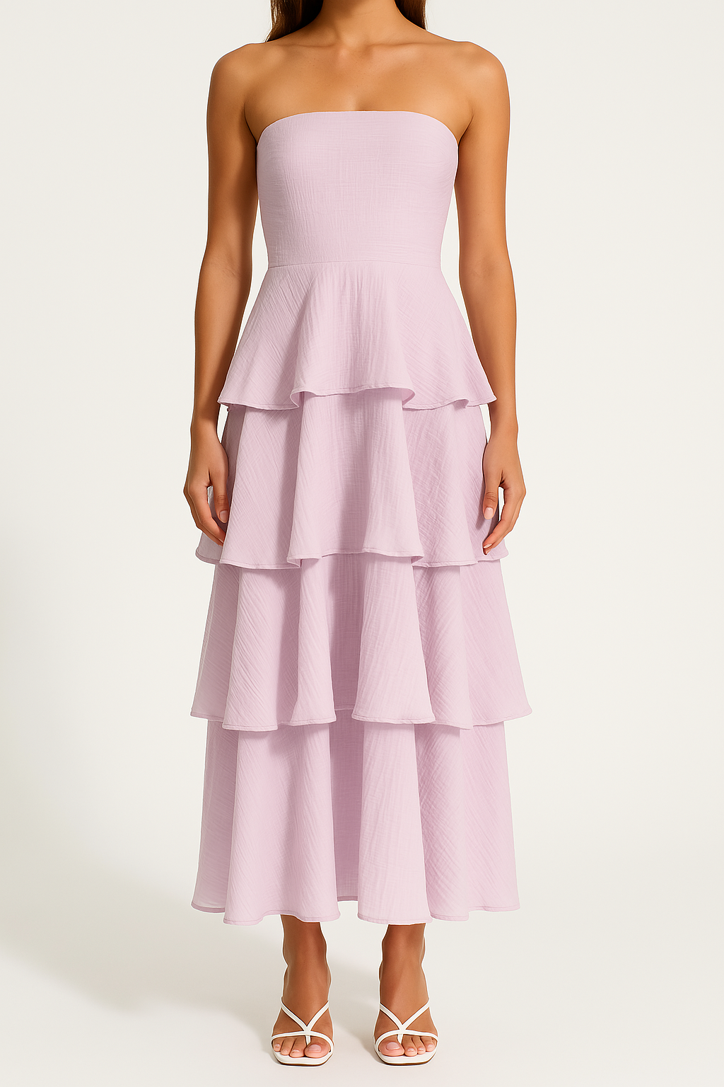 Women’s Strapless Midi Dress – Fitted Bodice – Tiered Ruffle Skirt – Lightweight Fabric