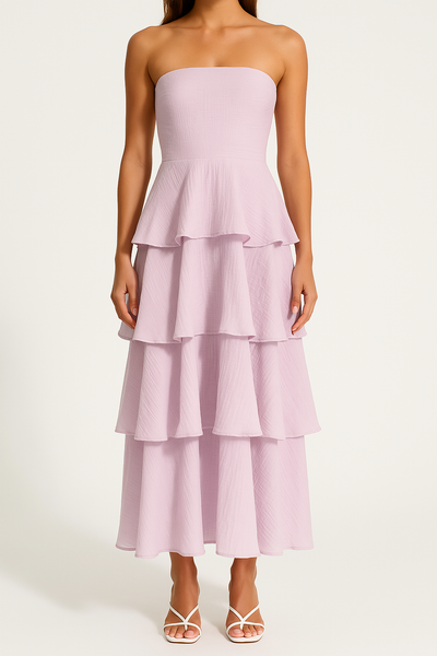 Women’s Strapless Midi Dress – Fitted Bodice – Tiered Ruffle Skirt – Lightweight Fabric