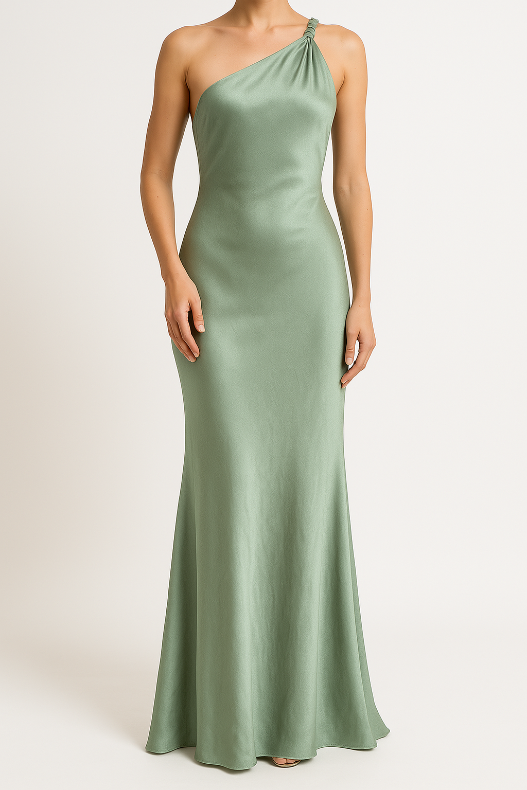 Women’s Evening Gown – Satin Finish – Slim Fit – One Shoulder Draped Full Length