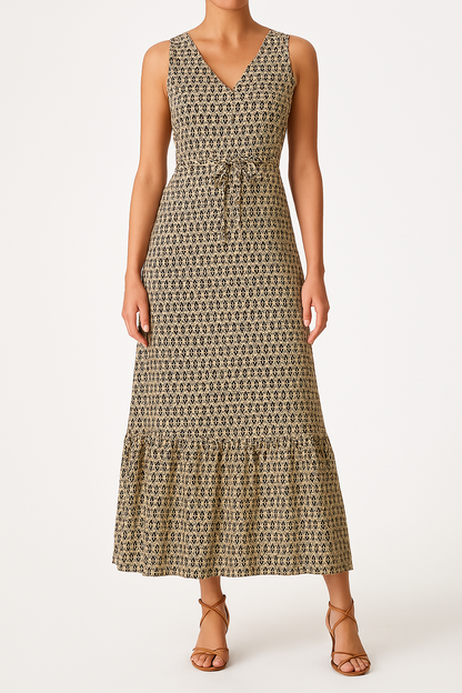Women’s Midi Dress – Sleeveless – V-Neck – Bohemian Print – Tie Waist – Flowy Fit