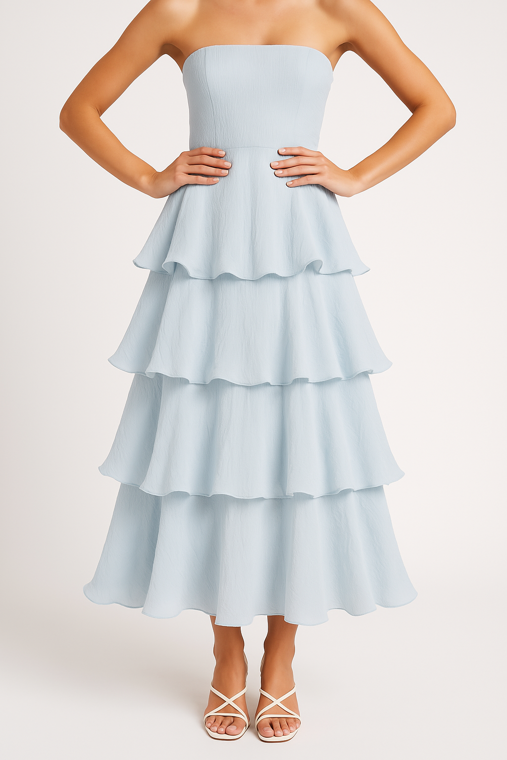 Women’s Strapless Midi Dress – Fitted Bodice – Tiered Ruffle Skirt – Lightweight Fabric
