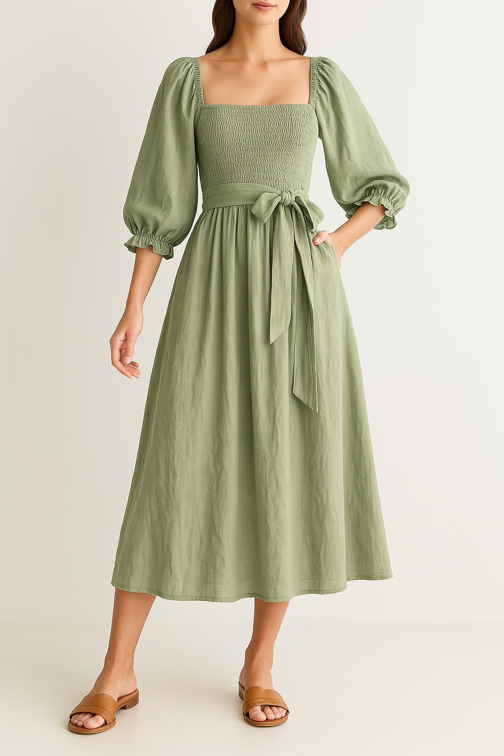 Women’s Midi Dress – Smocked Bodice – Puff Sleeve – A-Line Fit – Reversible Design