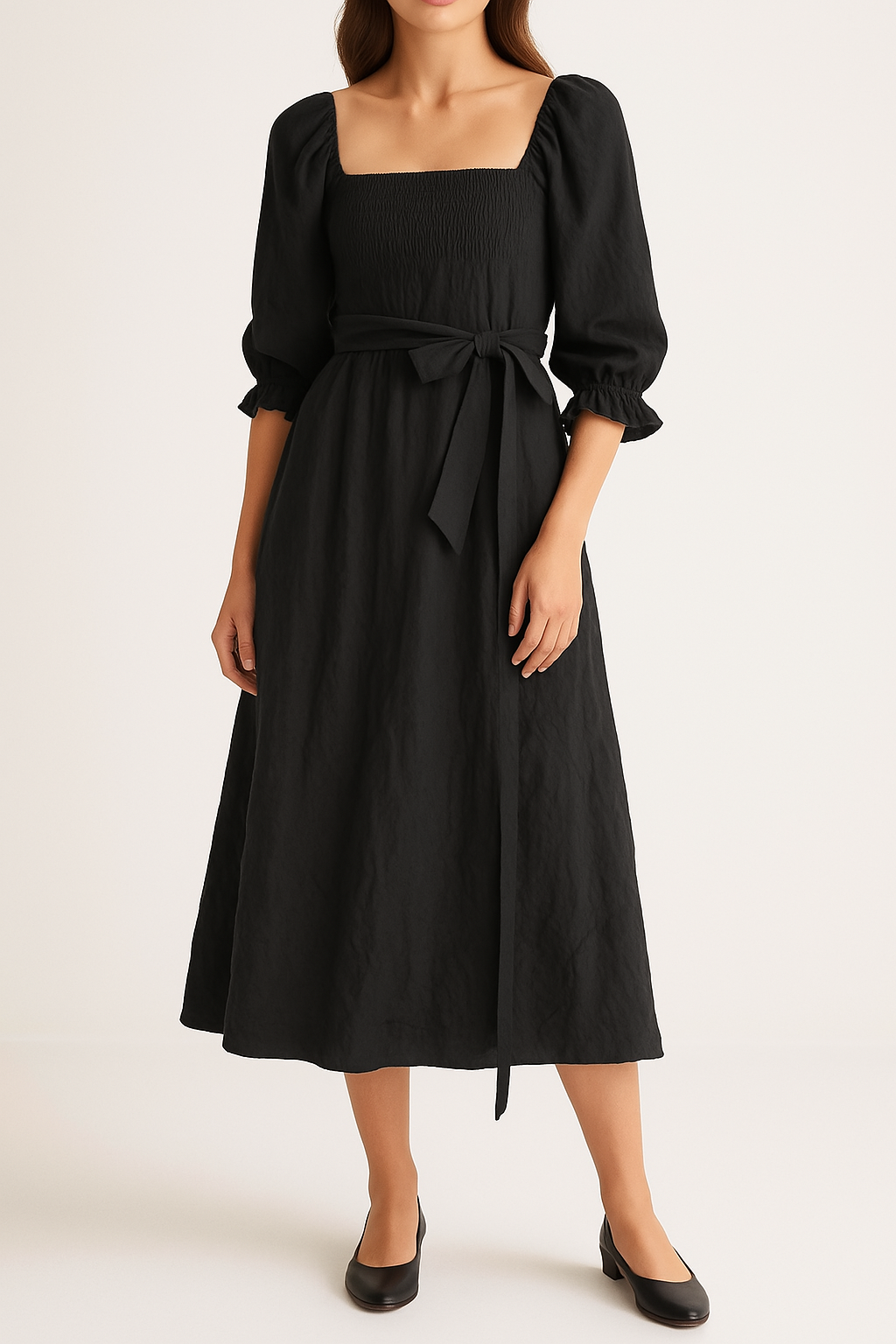 Women’s Midi Dress – Smocked Bodice – Puff Sleeve – A-Line Fit – Reversible Design