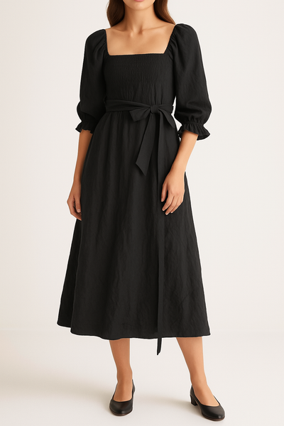 Women’s Midi Dress – Smocked Bodice – Puff Sleeve – A-Line Fit – Reversible Design