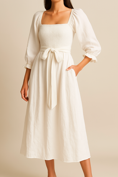 Women’s Midi Dress – Smocked Bodice – Puff Sleeve – A-Line Fit – Reversible Design