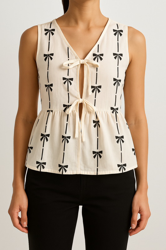 Women’s Sleeveless Blouse – Relaxed Fit – V-Neck – Bow Tie Front – Printed Design
