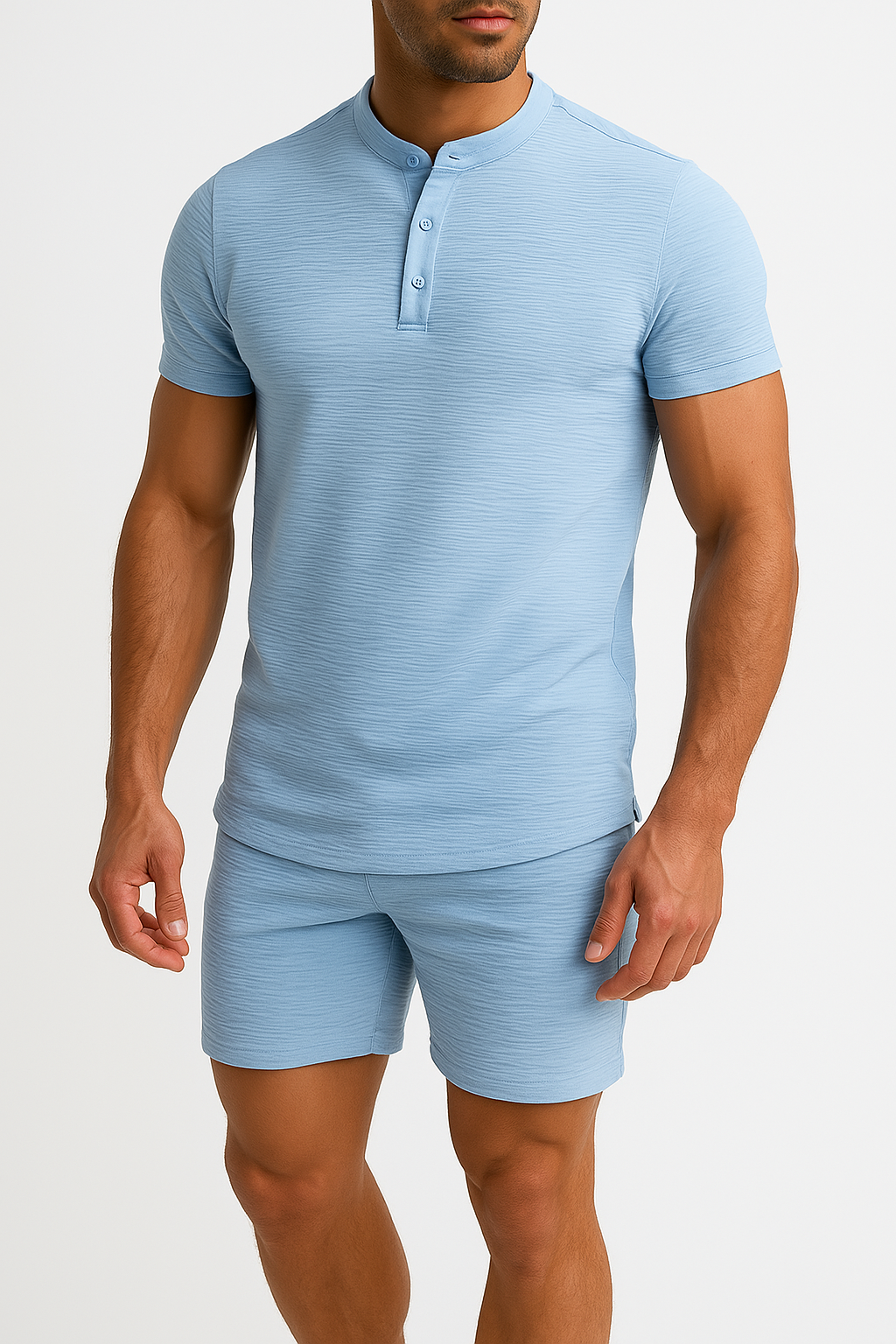 Men’s Casual Set – Slim Fit Henley Shirt & Relaxed Shorts