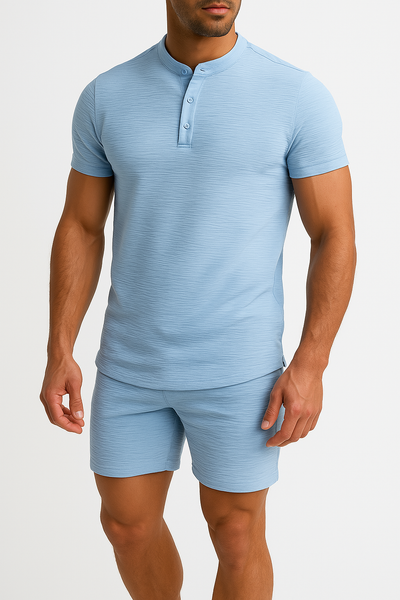 Men’s Casual Set – Slim Fit Henley Shirt & Relaxed Shorts