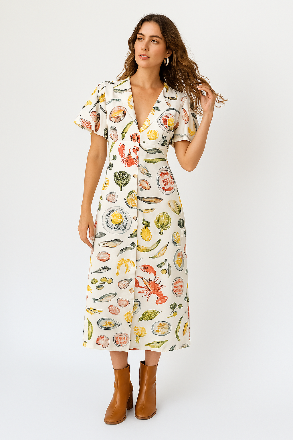 Women’s Midi Dress – Linen Fabric – V-Neck – Loose Fit – Short Sleeve – Button Front