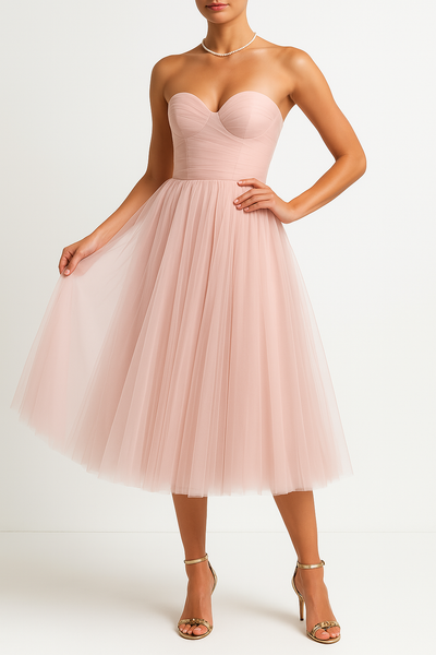 Women’s Strapless Tulle Gown – Sweetheart Neckline – Fitted Bodice – Midi A-Line