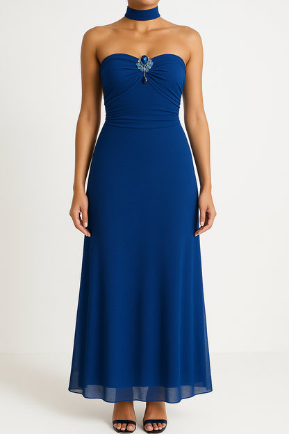 Women’s Evening Gown – Strapless Mesh – Slim Fit – Ruched Bust – Full Length – Choker