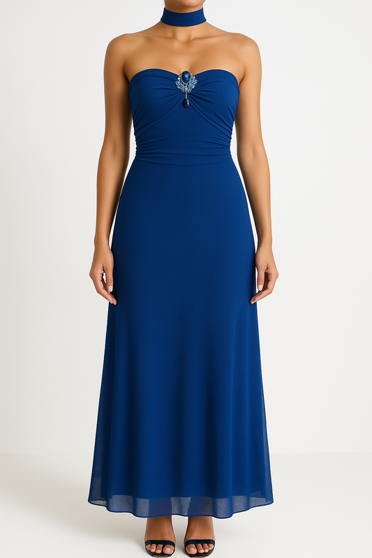Women’s Evening Gown – Strapless Mesh – Slim Fit – Ruched Bust – Full Length – Choker
