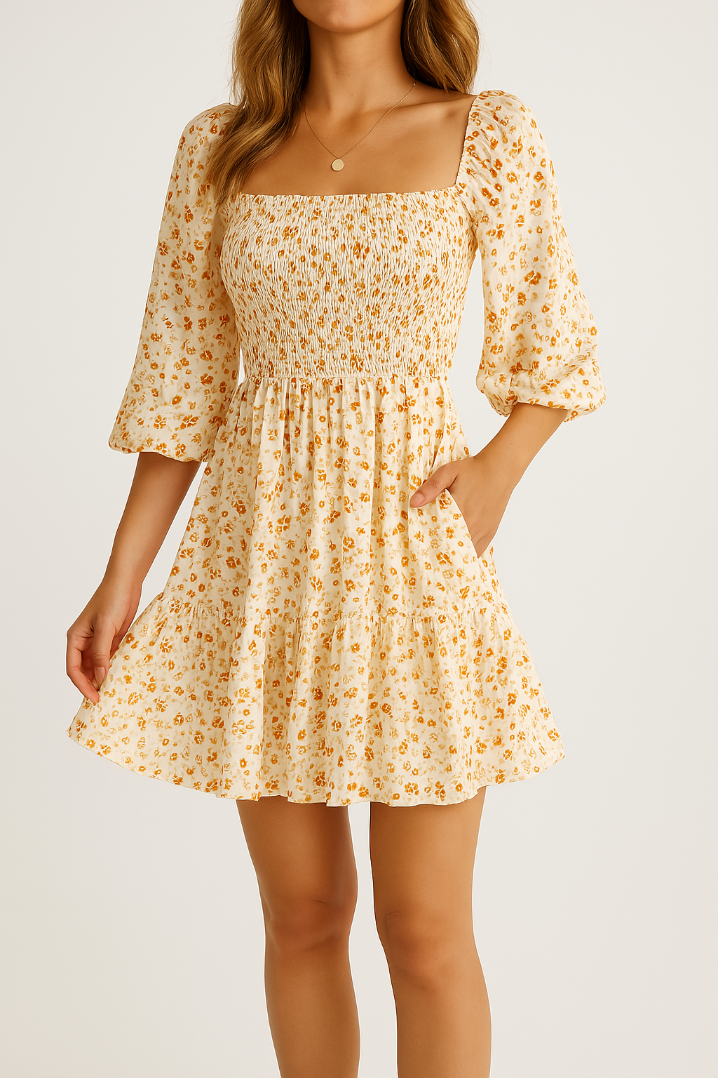 Women’s A-Line Mini Dress – Cotton Blend – Shirred Bodice – Square Neck – Floral Print