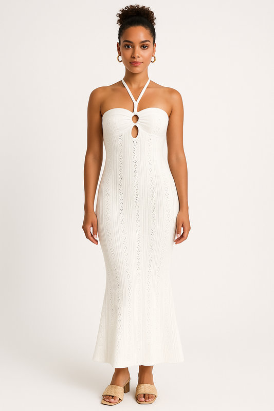 Women’s Halter Neck Gown – Slim Fit – Crochet Detail – Fishtail Hem – Keyhole Bodice