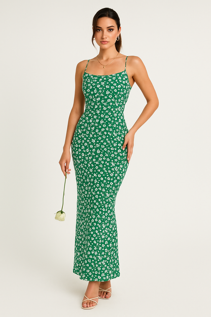 Women’s Sundress – Slim Fit – Spaghetti Straps – Floral Print – Full Length – Open Back