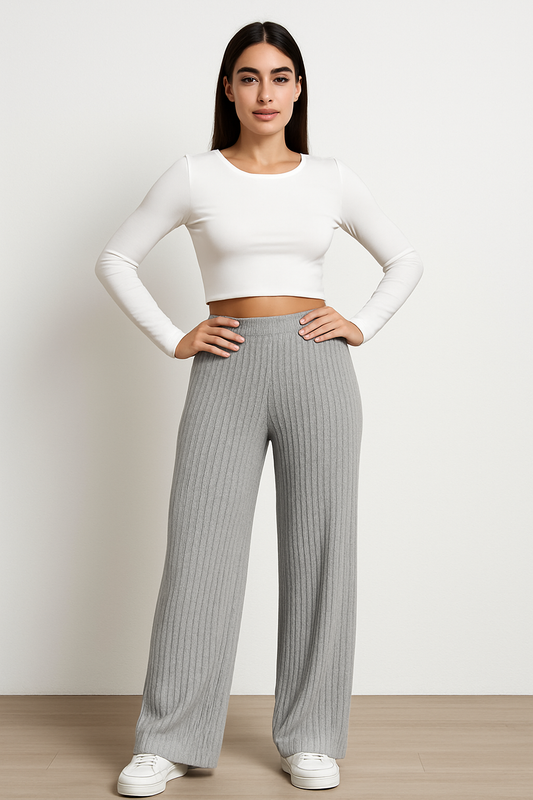 Women’s Wide-Leg Trousers – Ribbed Knit – High Waist – Full Length – Relaxed Fit