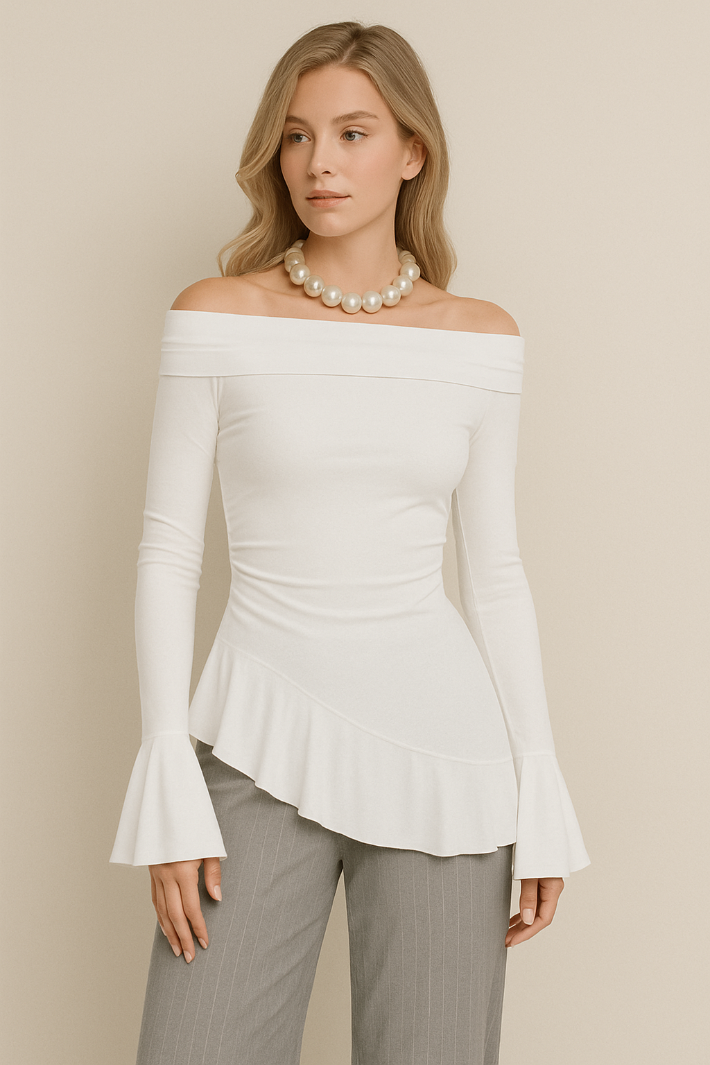 Women’s Off-Shoulder Top – Slim Fit – Ruffle Sleeve – Pleated Hem – Stretch Fabric