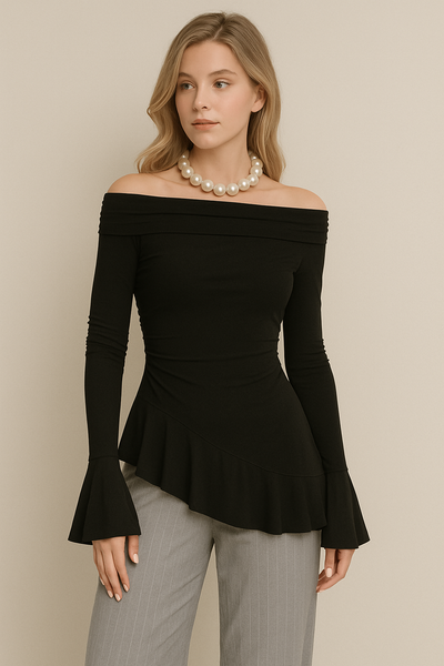 Women’s Off-Shoulder Top – Slim Fit – Ruffle Sleeve – Pleated Hem – Stretch Fabric