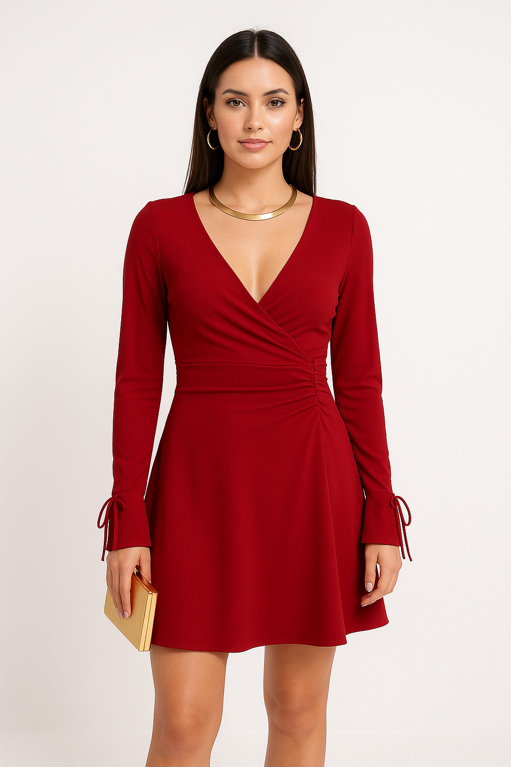 Women’s Mini Dress – Slim Fit – Deep V Neck – Long Sleeve – Backless – Ruched Evening Wear