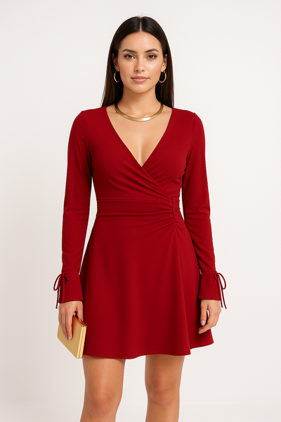 Women’s Mini Dress – Slim Fit – Deep V Neck – Long Sleeve – Backless – Ruched Evening Wear