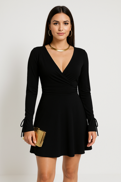 Women’s Mini Dress – Slim Fit – Deep V Neck – Long Sleeve – Backless – Ruched Evening Wear