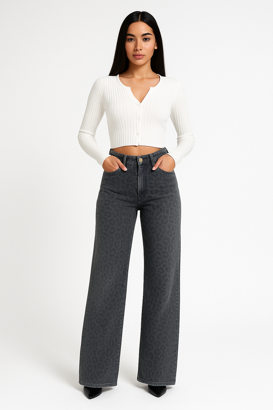 Women’s Jeans – High Waist – Slim Fit – Straight Leg – Leopard Print Denim
