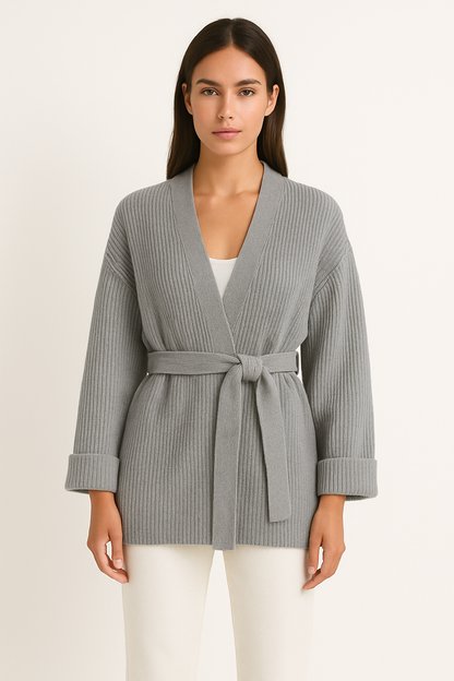 Women’s Knitted Cardigan – Oversized Fit – Ribbed Texture – Tie Waist – V-Neck