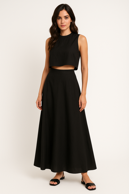Women’s Two-Piece Set – Crop Top & Midi Skirt – Relaxed Fit – Breathable Natural Fibers
