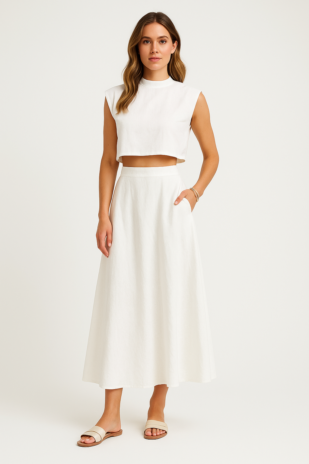 Women’s Two-Piece Set – Crop Top & Midi Skirt – Relaxed Fit – Breathable Natural Fibers
