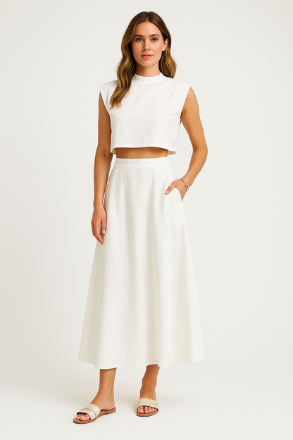Women’s Two-Piece Set – Crop Top & Midi Skirt – Relaxed Fit – Breathable Natural Fibers