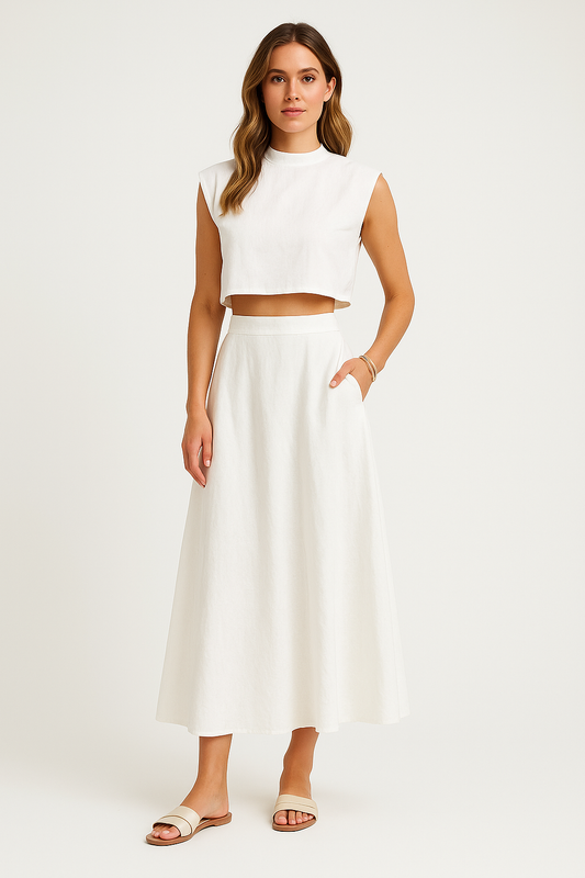 Women’s Two-Piece Set – Crop Top & Midi Skirt – Relaxed Fit – Breathable Natural Fibers