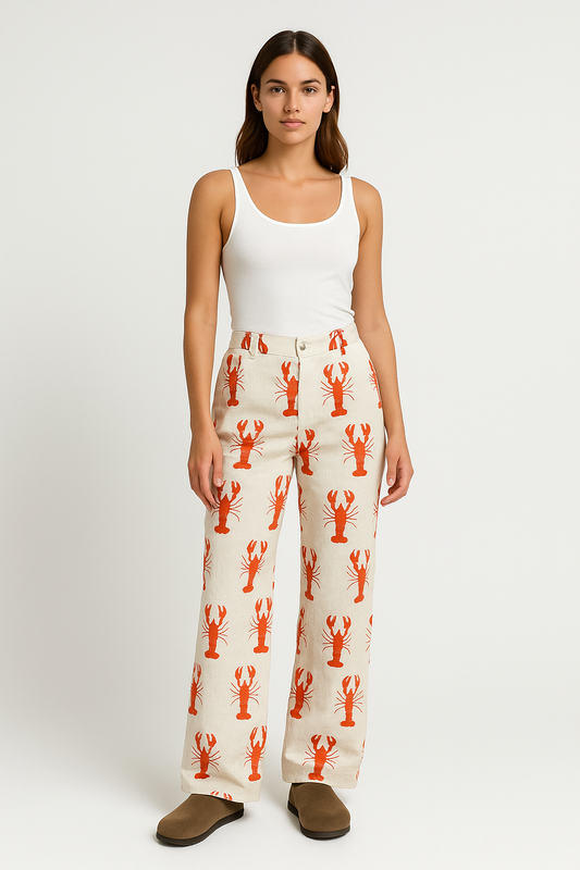 Women’s Straight Leg Trousers – Relaxed Fit – Bold Lobster Print – Breathable Blend