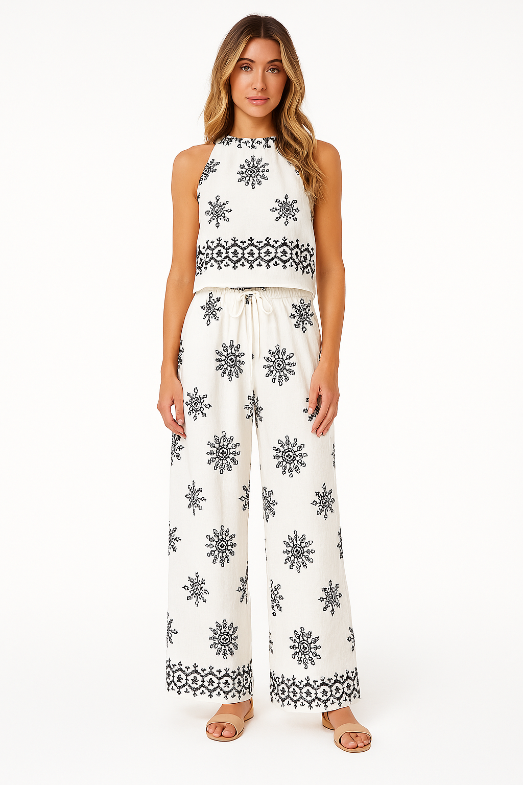 Women’s Two-Piece Set – Embroidered Crop Top – High Waist Wide-Leg Pants – Cotton Blend