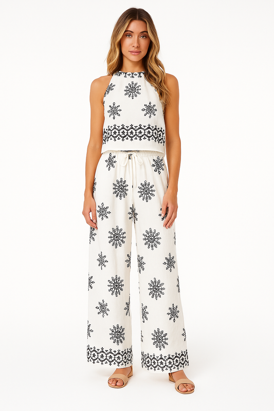 Women’s Two-Piece Set – Embroidered Crop Top – High Waist Wide-Leg Pants – Cotton Blend