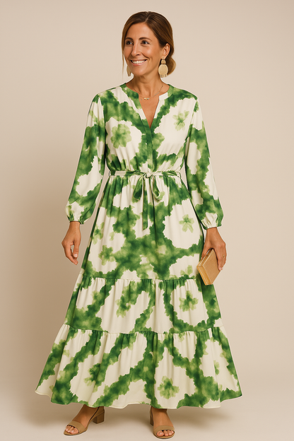 Women's Maxi Gown - Long-Sleeved - V-Neckline - Graceful Draped Style