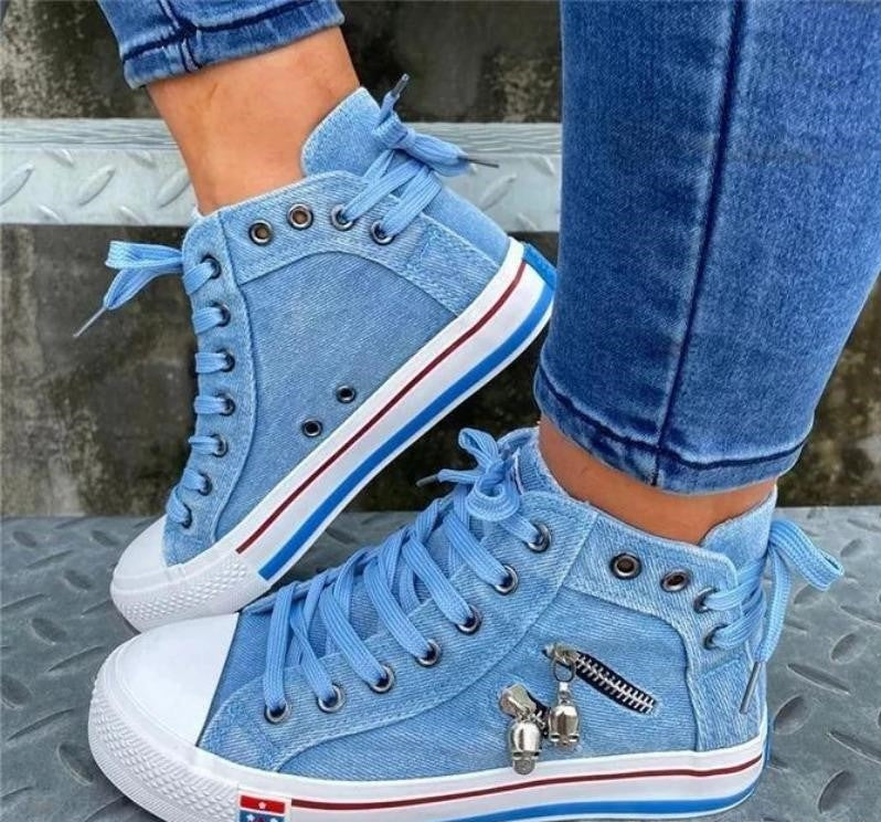 Women's High-Top Sneakers - Denim Fabric - Lace-Up - Casual Comfortable Footwear