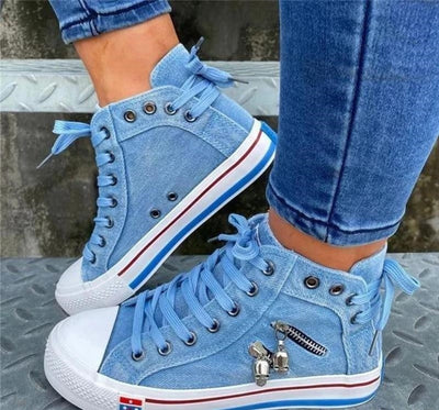 Women's High-Top Sneakers - Denim Fabric - Lace-Up - Casual Comfortable Footwear