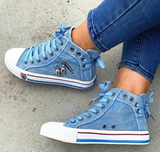 Women's High-Top Sneakers - Denim Fabric - Lace-Up - Casual Comfortable Footwear