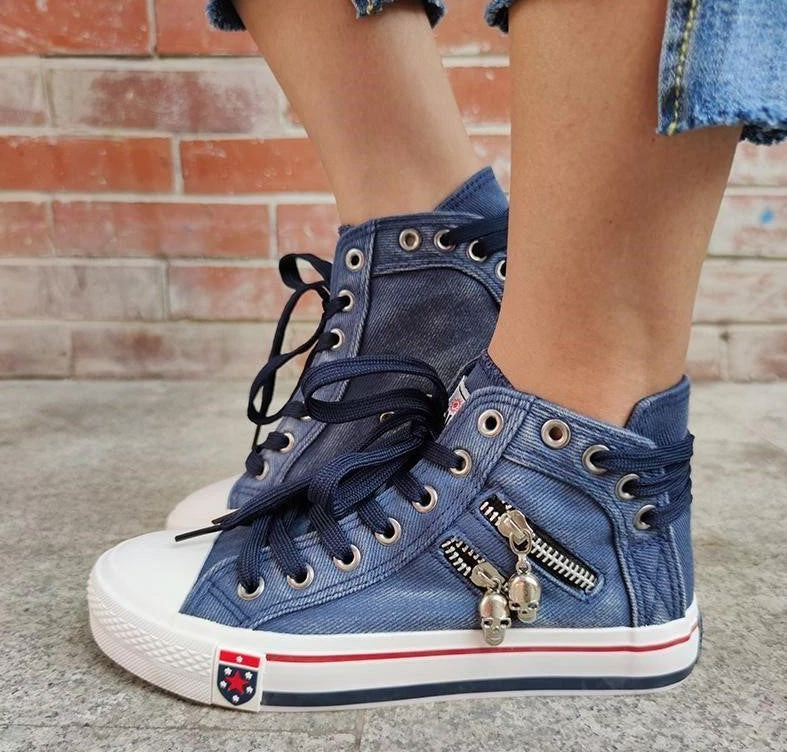 Women's High-Top Sneakers - Denim Fabric - Lace-Up - Casual Comfortable Footwear
