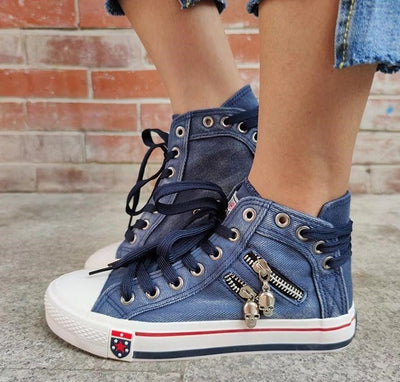 Women's High-Top Sneakers - Denim Fabric - Lace-Up - Casual Comfortable Footwear