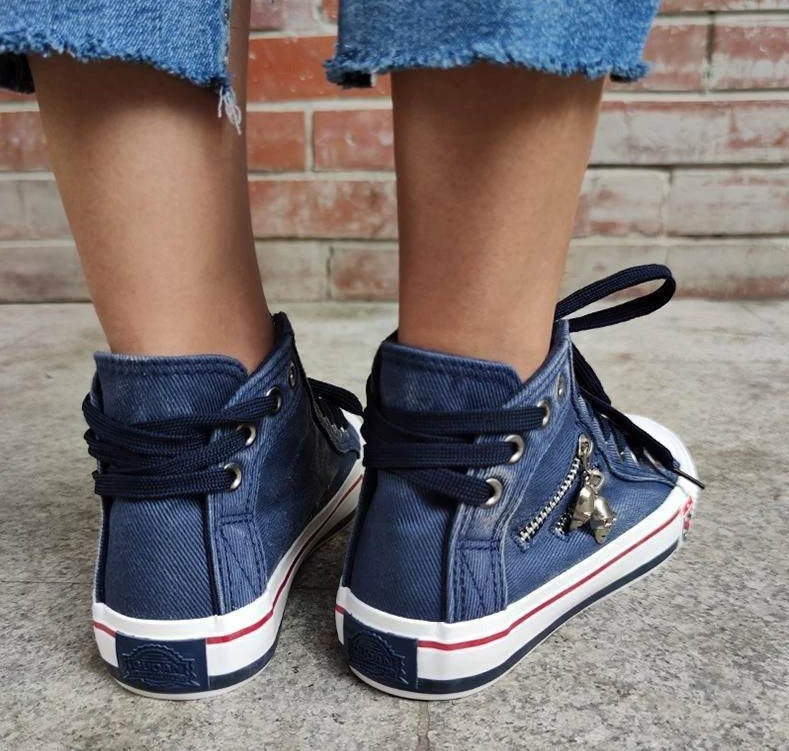 Women's High-Top Sneakers - Denim Fabric - Lace-Up - Casual Comfortable Footwear