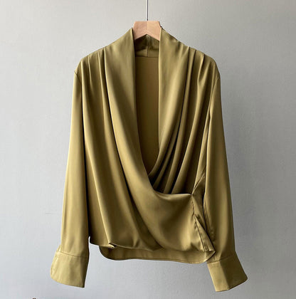 Women's soft pleated draped blouse with long sleeves