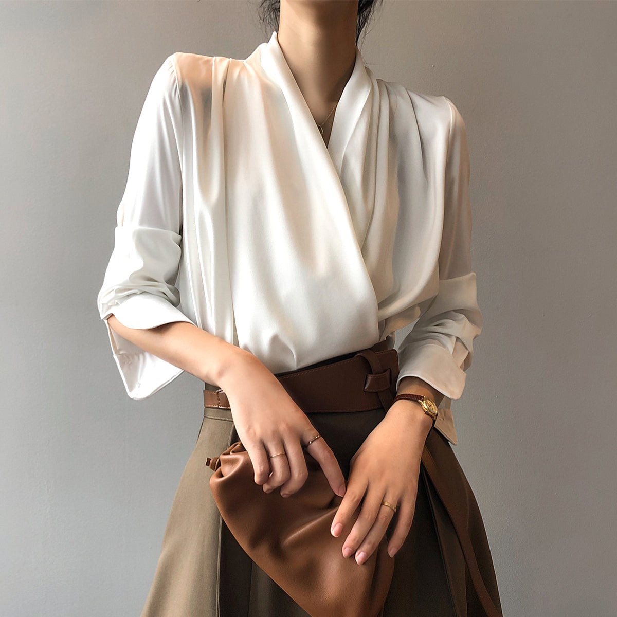 Women's soft pleated draped blouse with long sleeves