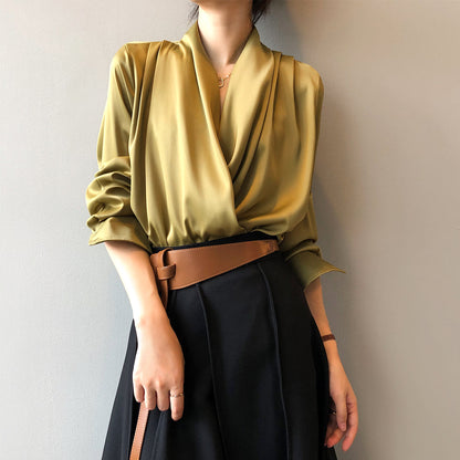 Women's soft pleated draped blouse with long sleeves