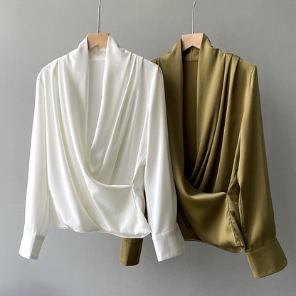 Women's soft pleated draped blouse with long sleeves