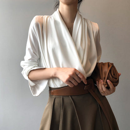 Women's soft pleated draped blouse with long sleeves