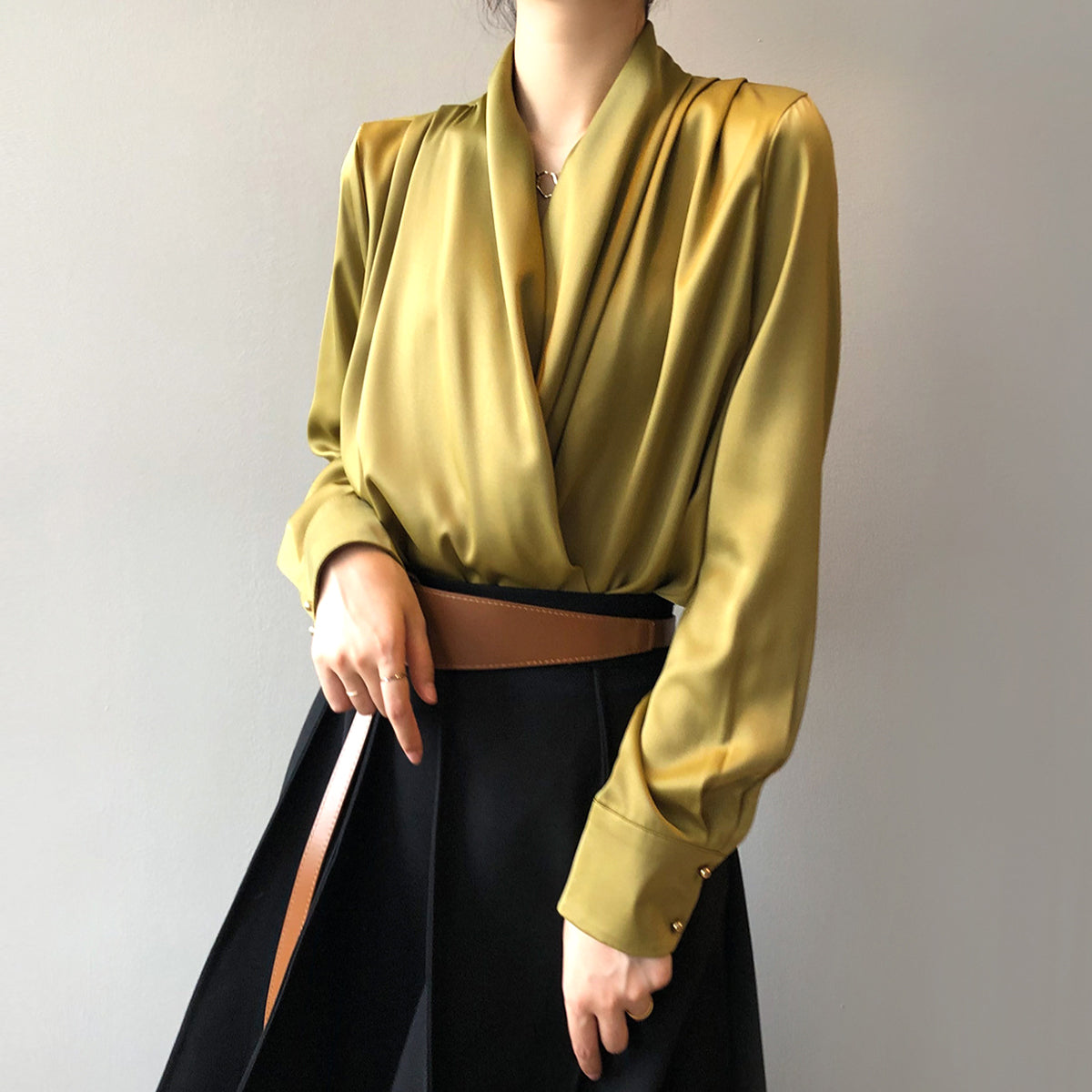 Women's soft pleated draped blouse with long sleeves