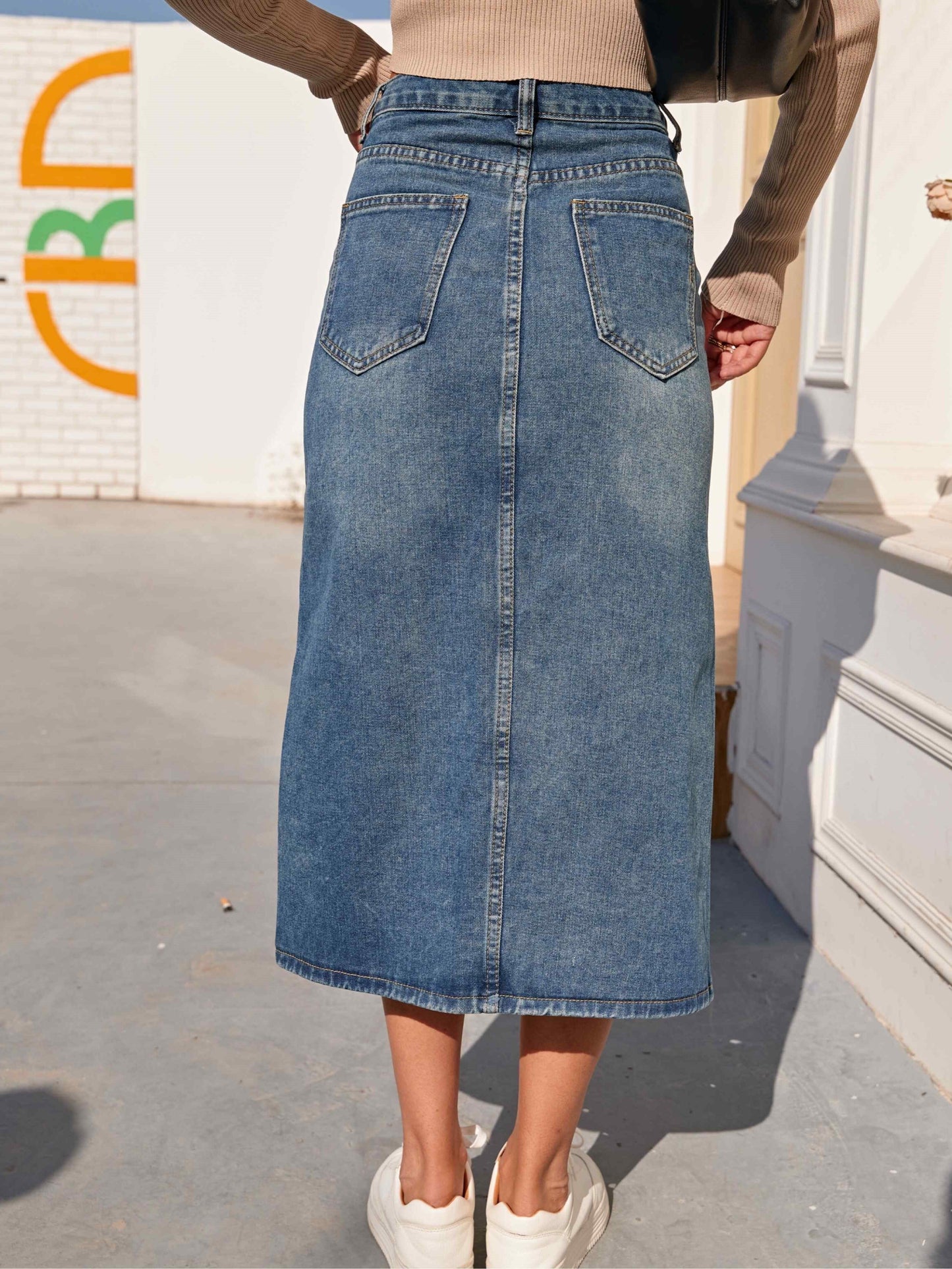 Women's Denim Skirt - High Waist Midi - Front Slit - Classic Casual Fit