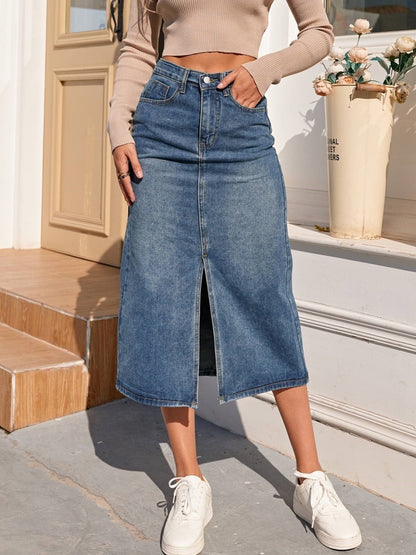 Women's Denim Skirt - High Waist Midi - Front Slit - Classic Casual Fit