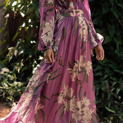 Women’s Maxi Dress – V-Neck – Fitted Waist – Long Sleeve – Lightweight Floral Design